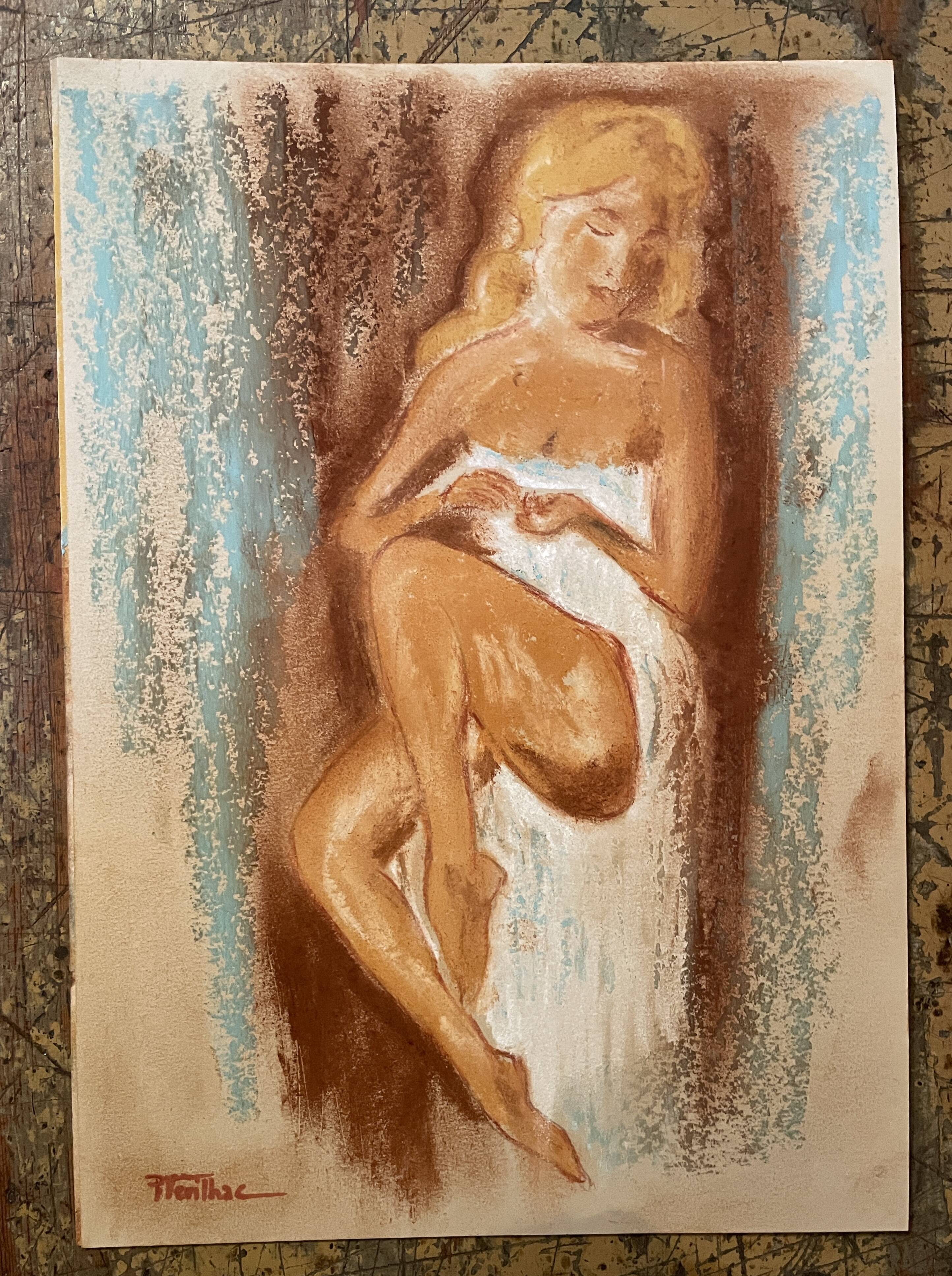 Signed pastel portrait of a woman "the manicurist"