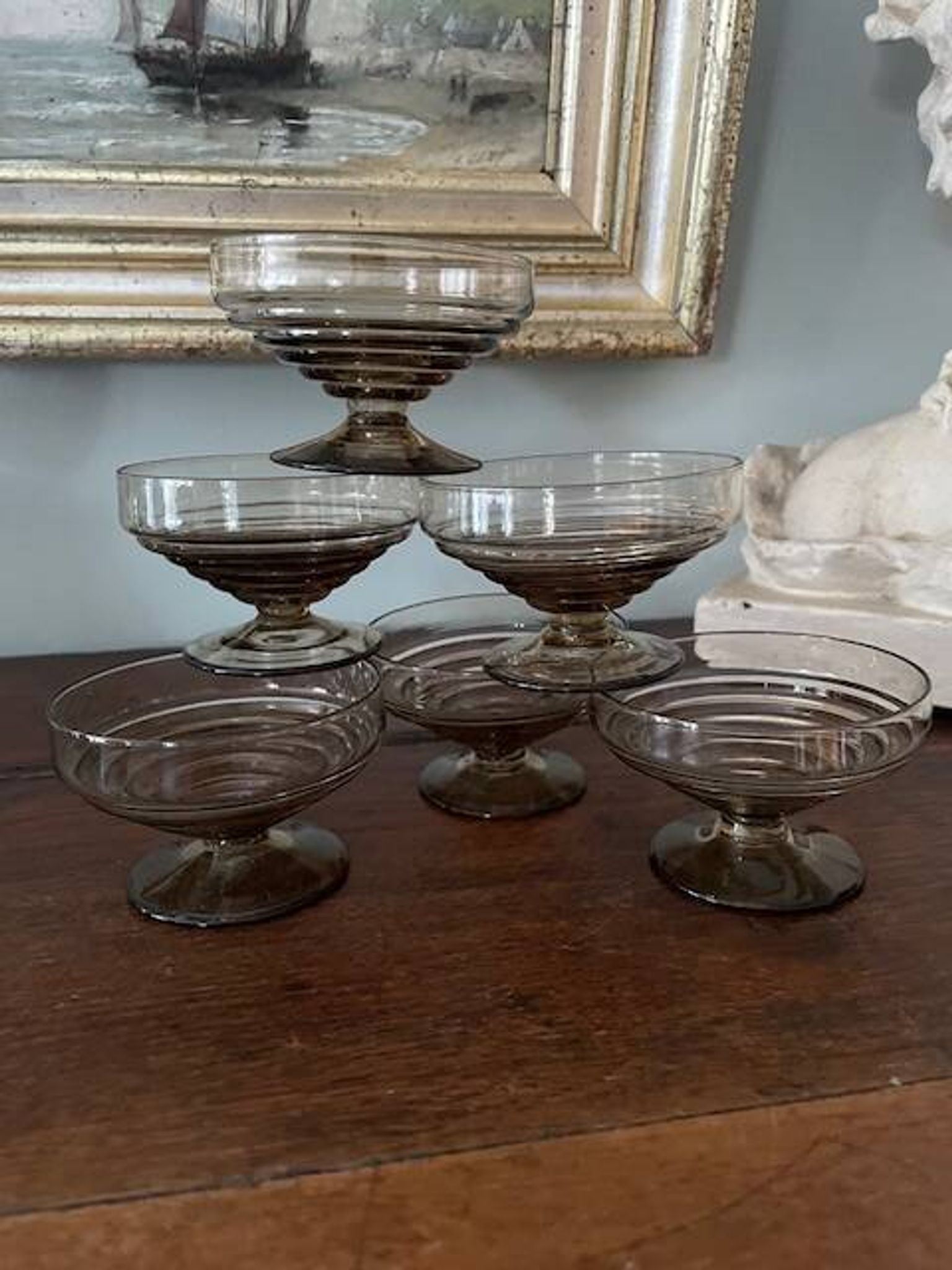 6 vintage ice cream coupes, blown glass brown fruit