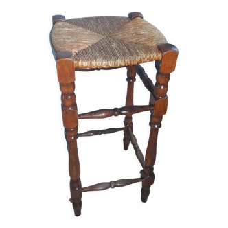 Tabouret bois massif tourné veris, assise paillée, rustique campagnard - vintage