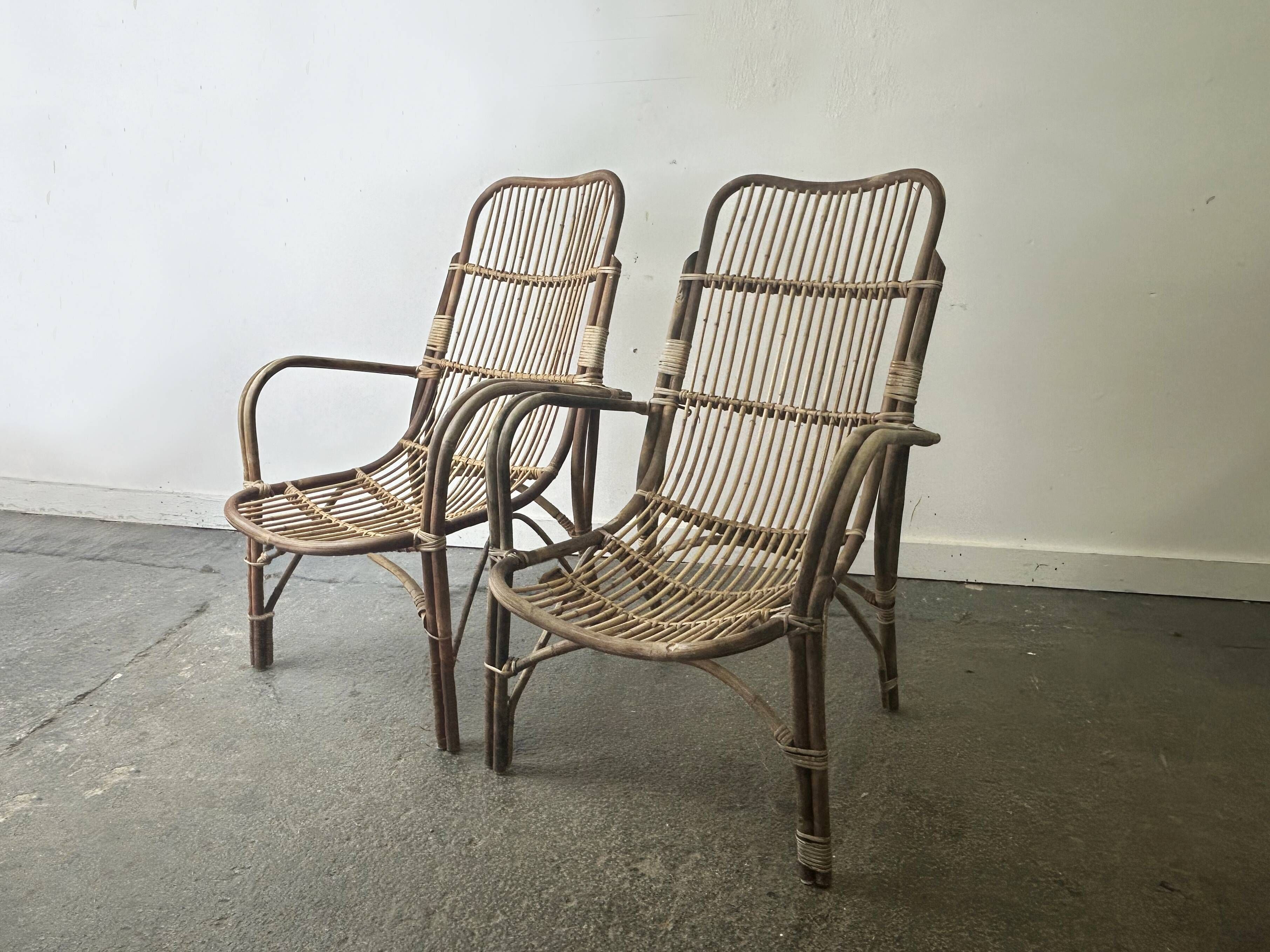 Pair Mid-Century 1960s Vintage Rattan Bamboo Lounge Arm Chairs