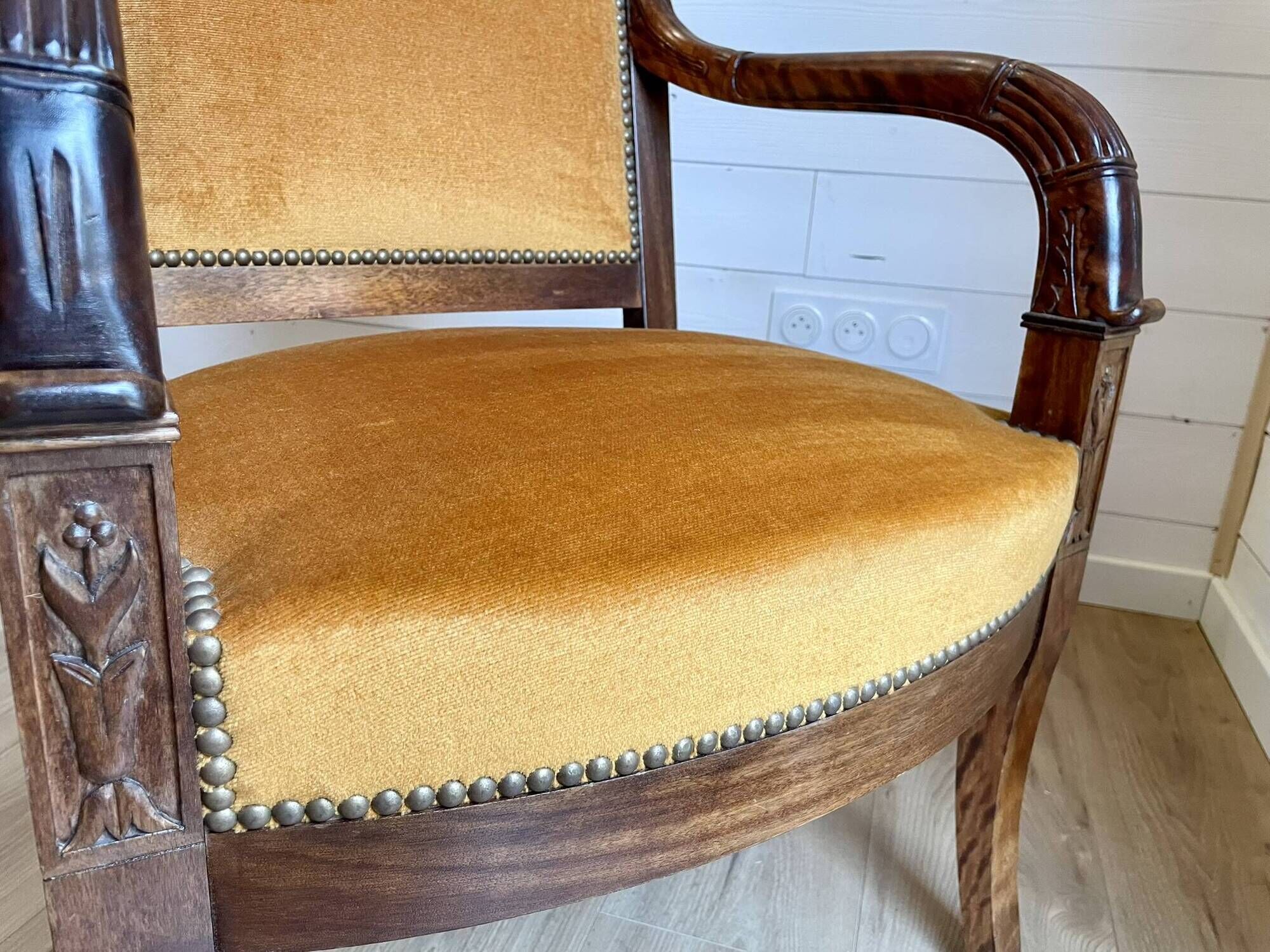 2 vintage style Directoire or Empire armchairs / cabriolets – orange velvet