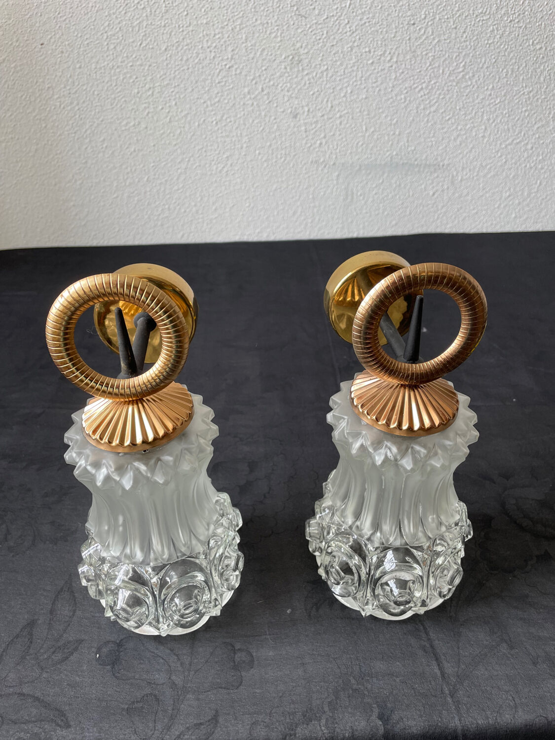 Pair of wall sconces molded glass 60s 70s