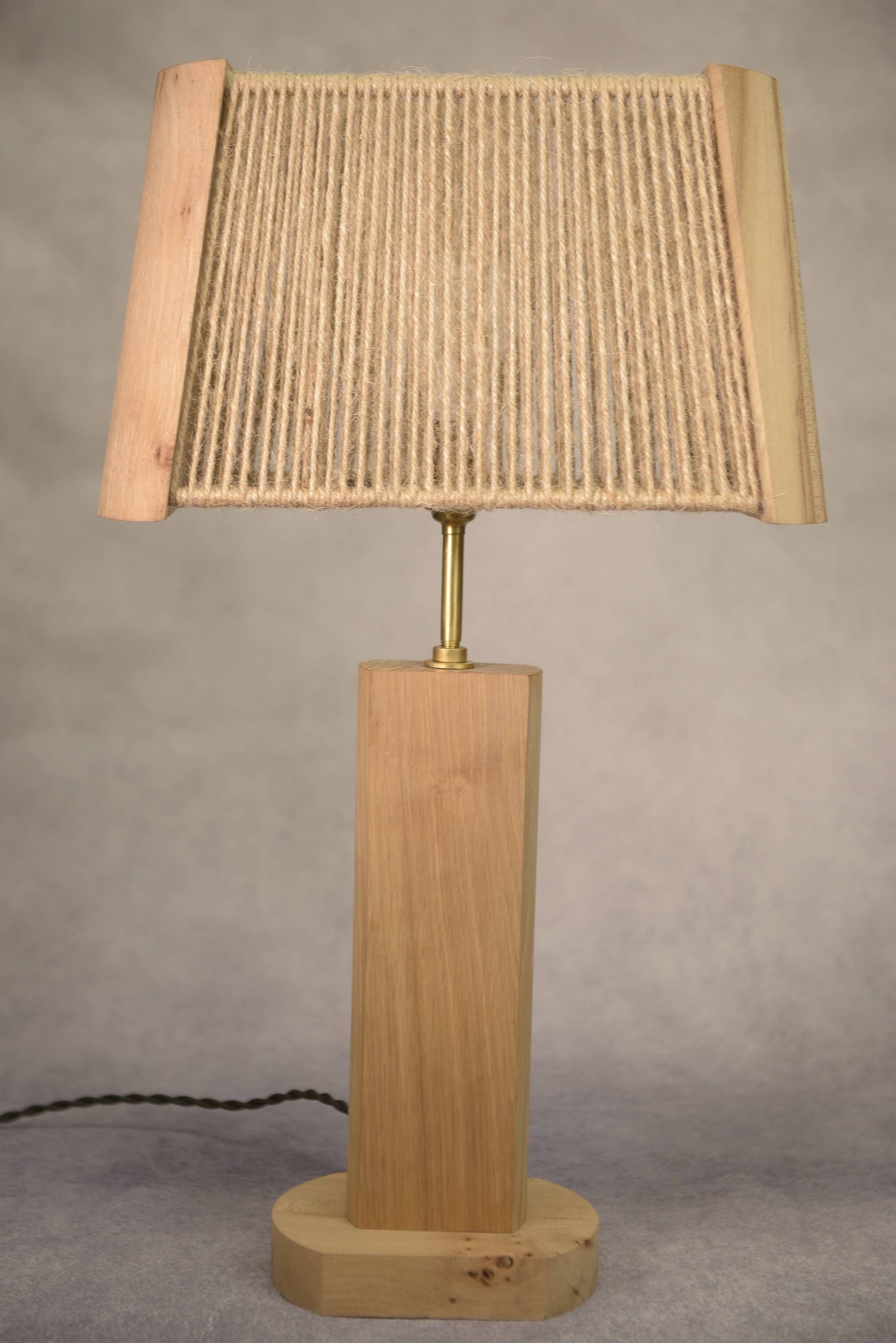 Brutalist lamp in elm and solid oak with a cord shade – 1980s