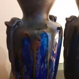 Paire de vases en grés émaillé bleu brillant et glaçure marron. art nouveau.