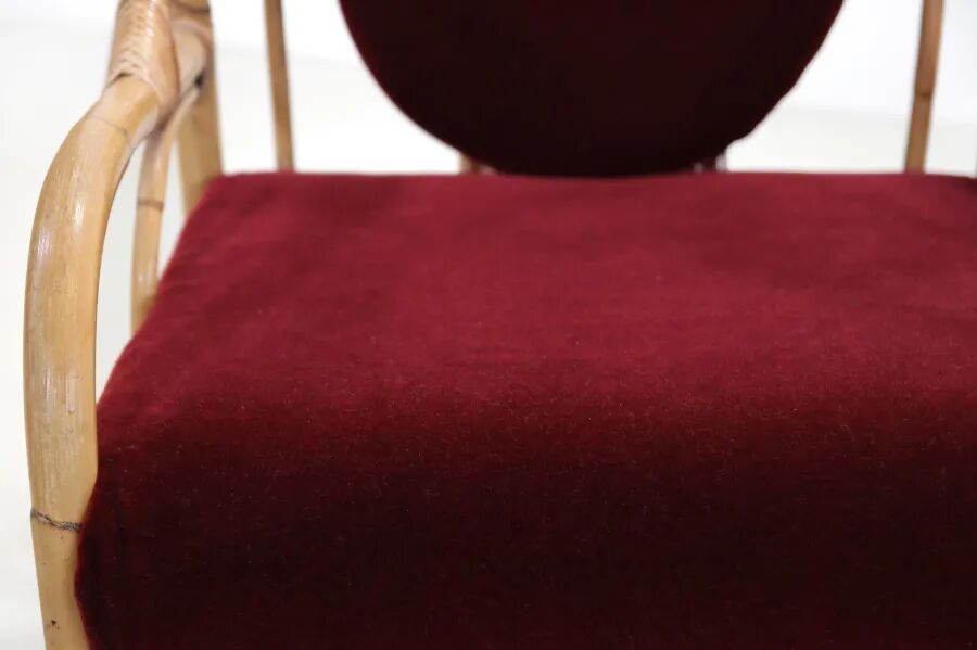 Set of 2 bamboo and rattan armchairs with Bordeaux red mohair upholstery