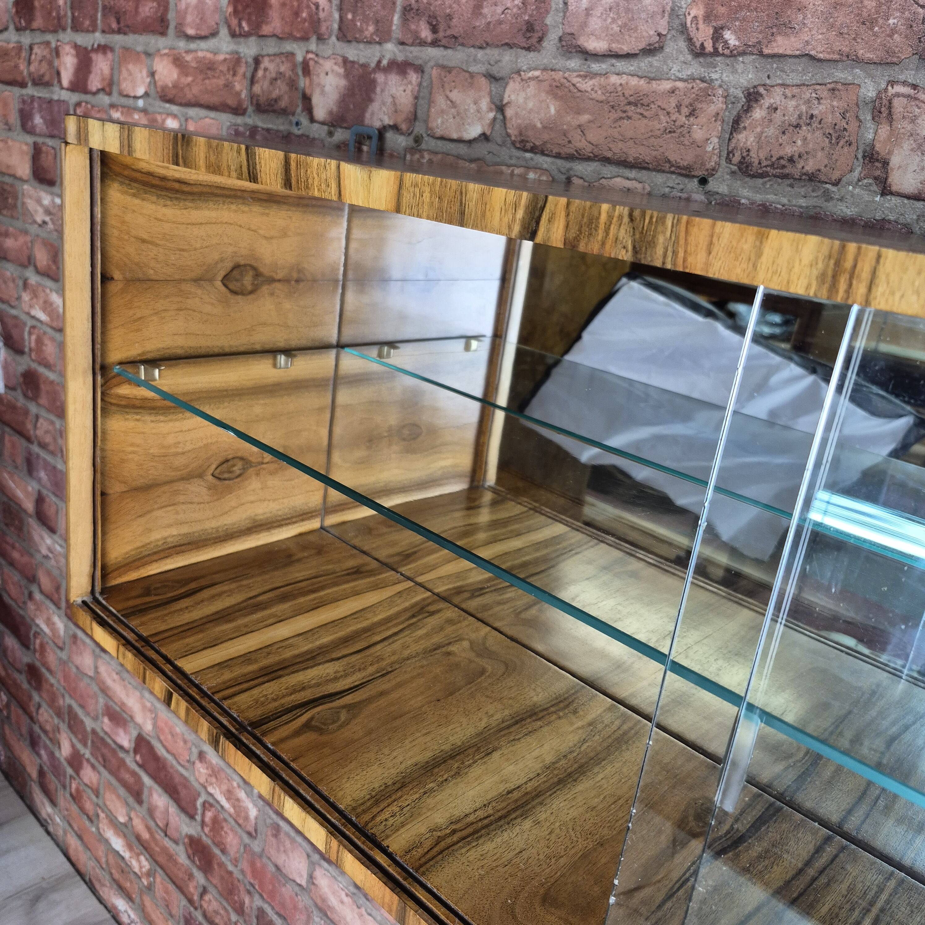 Wall-Mounted Walnut Display Cabinet with Mirrored Back – Upcycled 1960s Mid