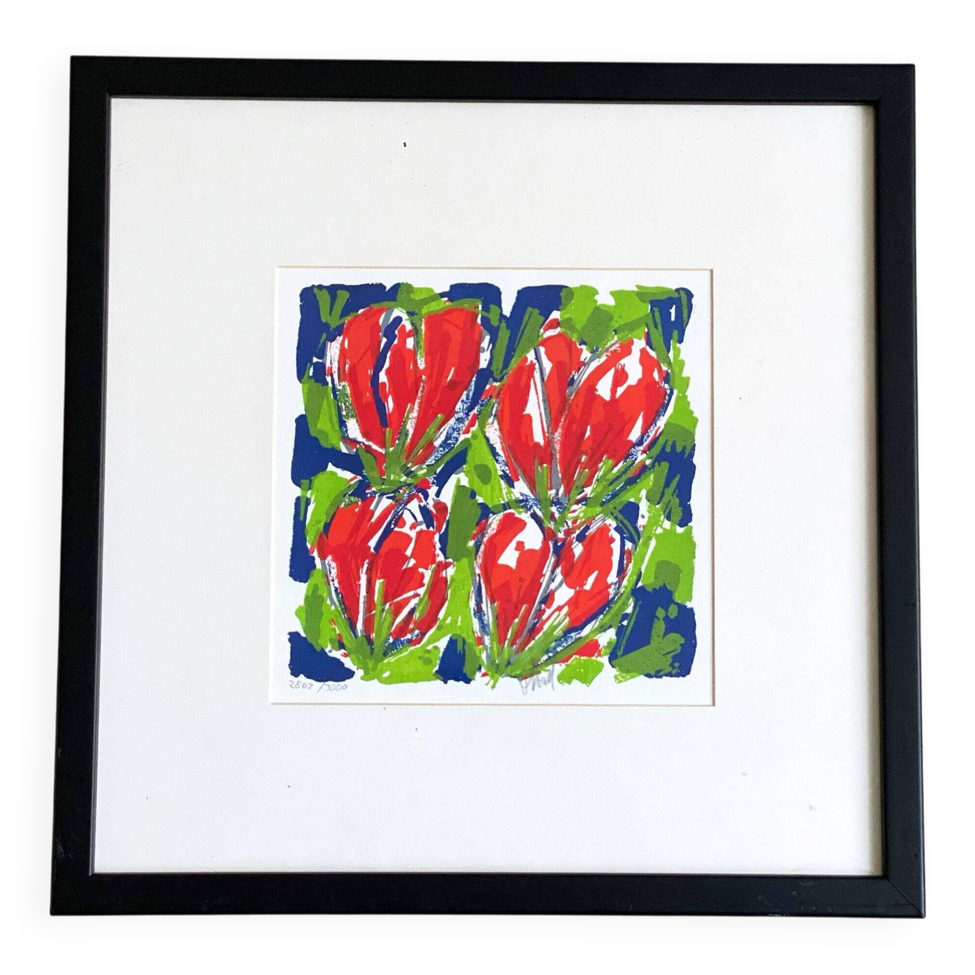 Cheerful silkscreen "red tulips" by Ad van Hassel, Dutch art