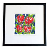 Cheerful silkscreen "red tulips" by Ad van Hassel, Dutch art