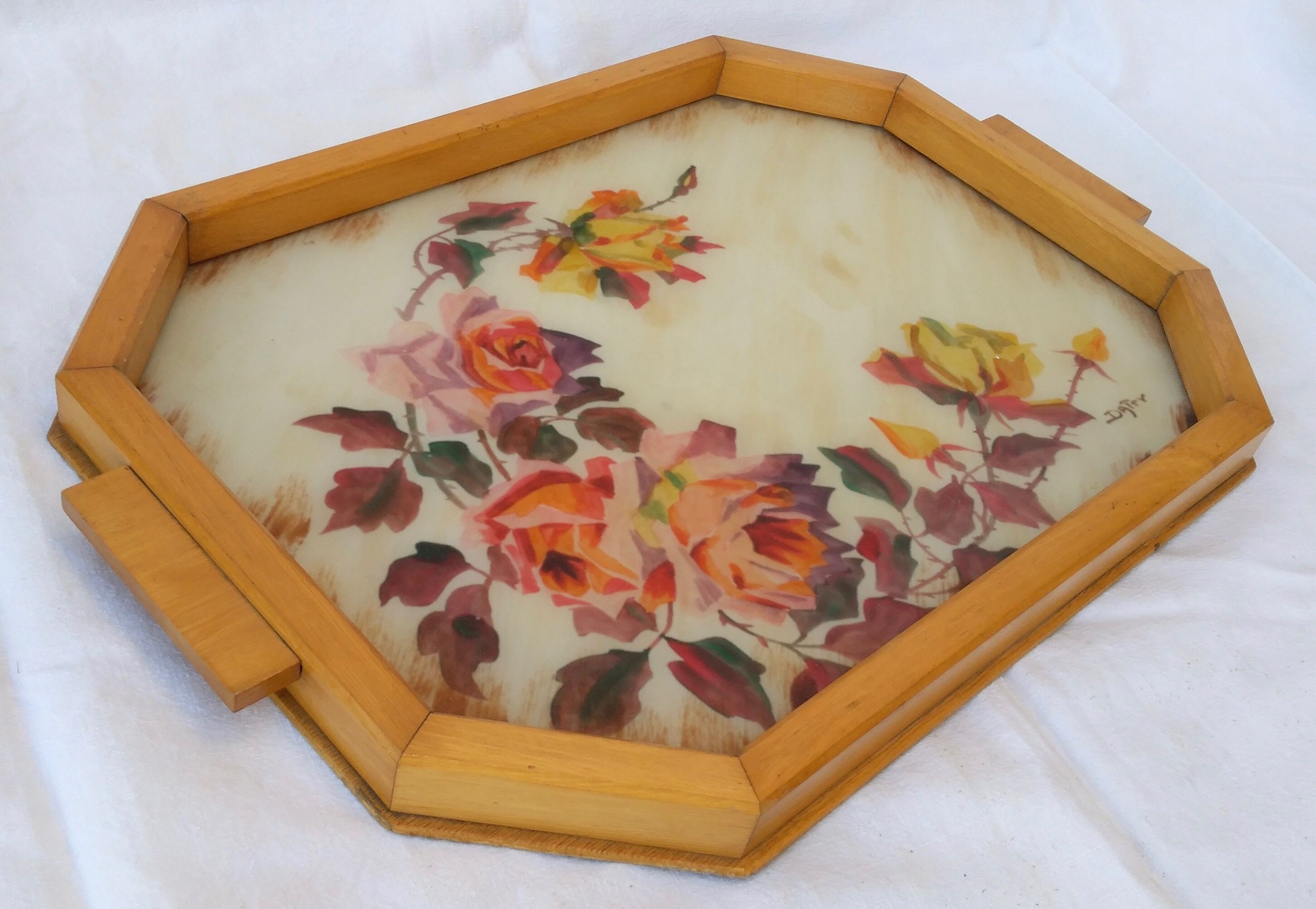 Large wooden tray and handmade glass paste decoration