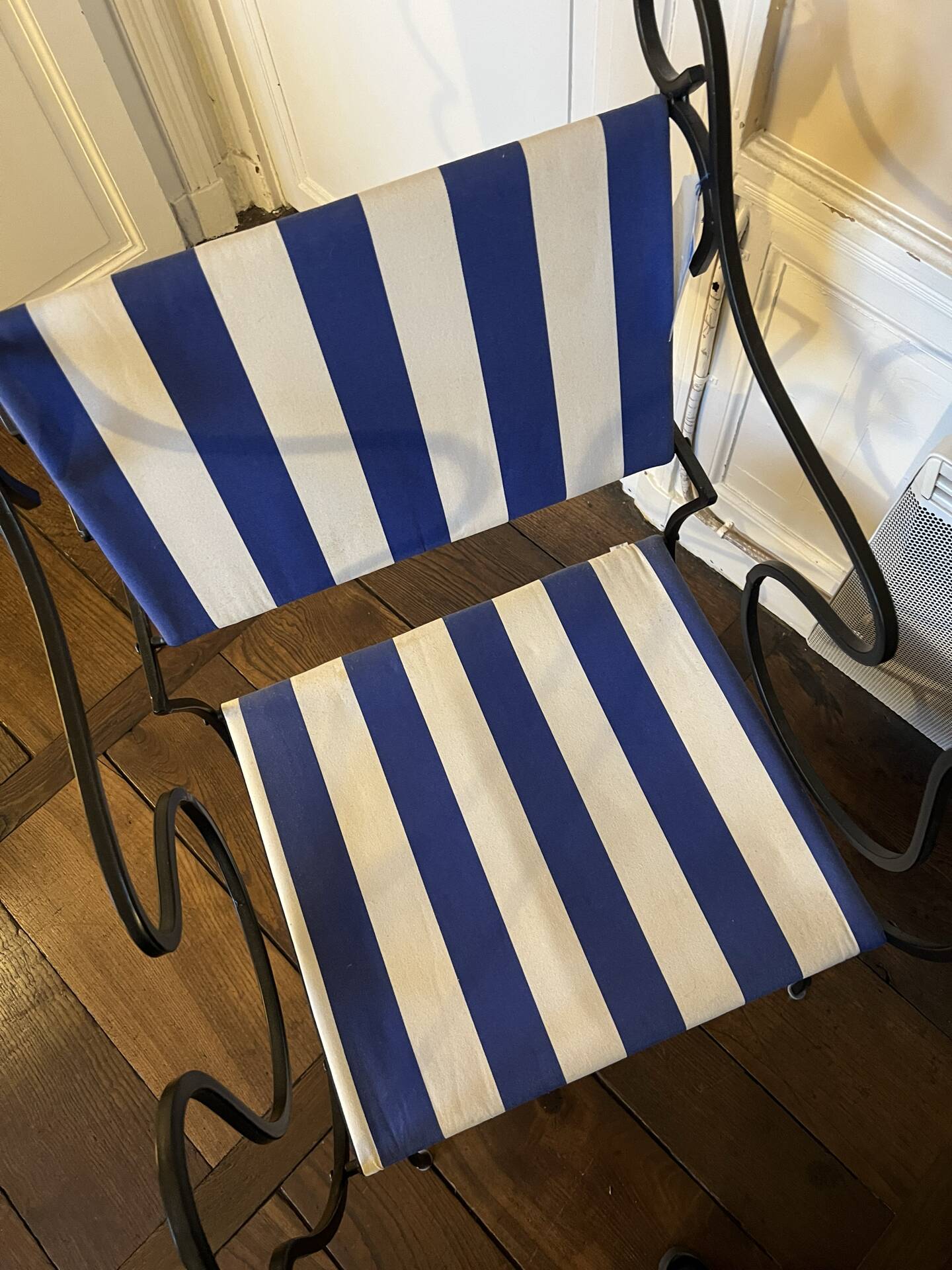 Monoprix armchair x Vincent Darré – black metal & blue/white stripes