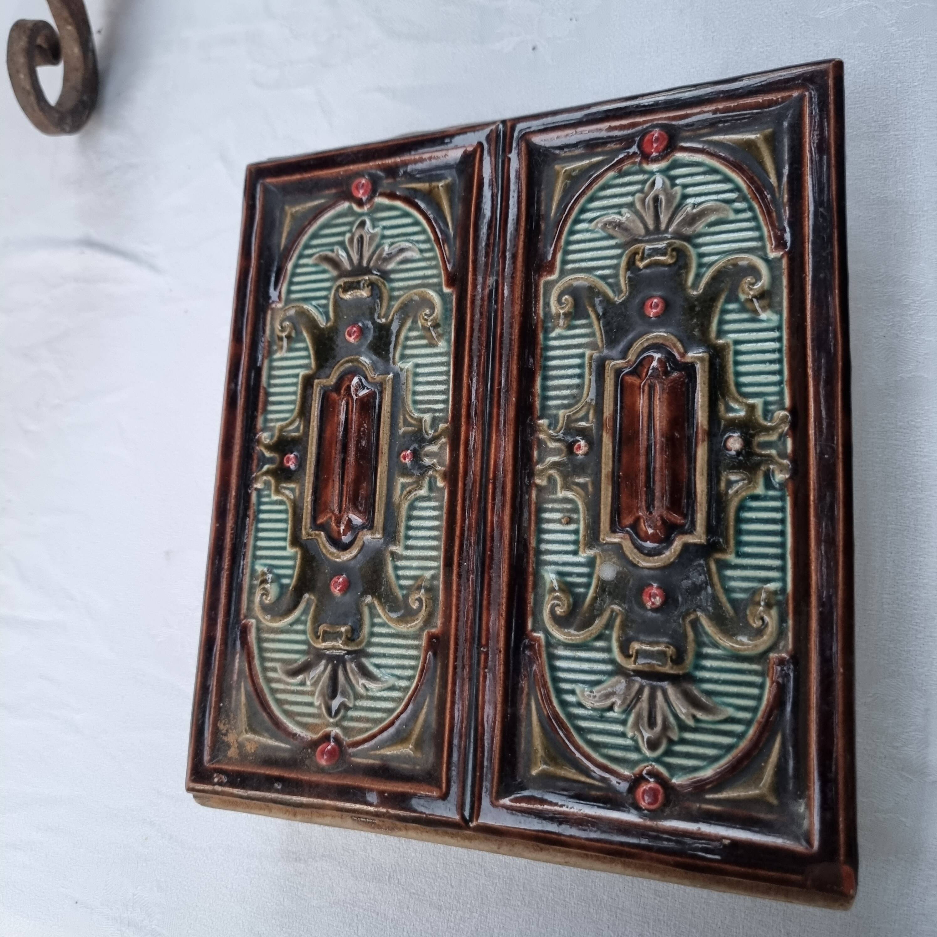 Antique Art Nouveau glazed earthenware tile from the 19th century