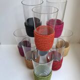 set of 9 small glasses with colored rattan support from the 70s