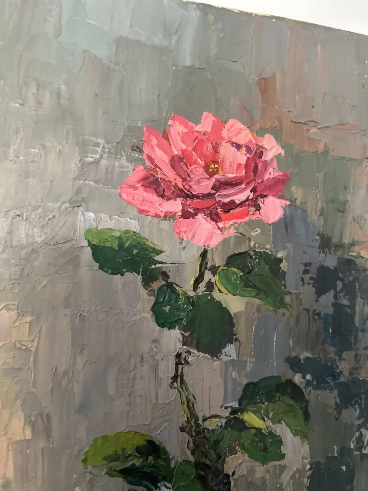 Antique oil painting on canvas, "The Rose in a Blue Vase," mid-20th century, signed