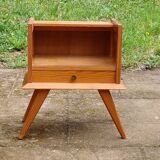 Solid pitch pine bedside table with vintage compass legs