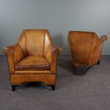 Pair of vintage sheep leather Art Deco armchairs by Bart van Bekhoven