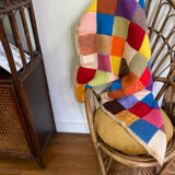 Plaid couverture en laine ancienne crochet multicolore granny square