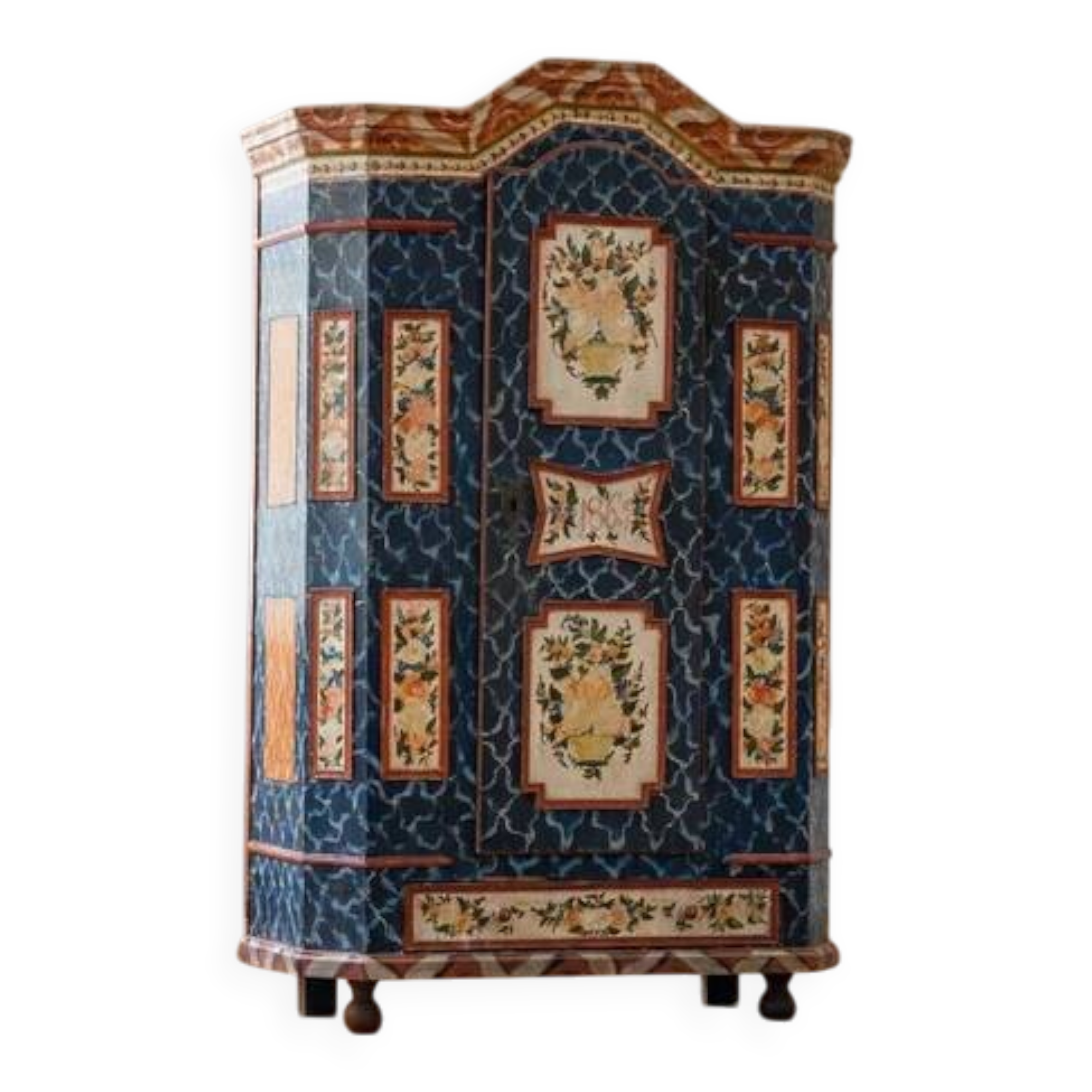 Antique hand-painted Baroque chest folk art cabinet dated solid wood Central Europe, 1865
