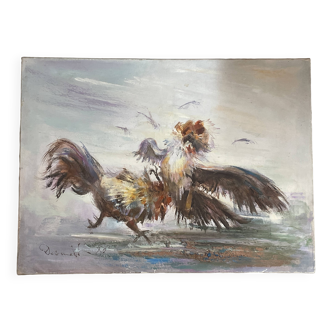 Oil on canvas, cockfight signature to identify