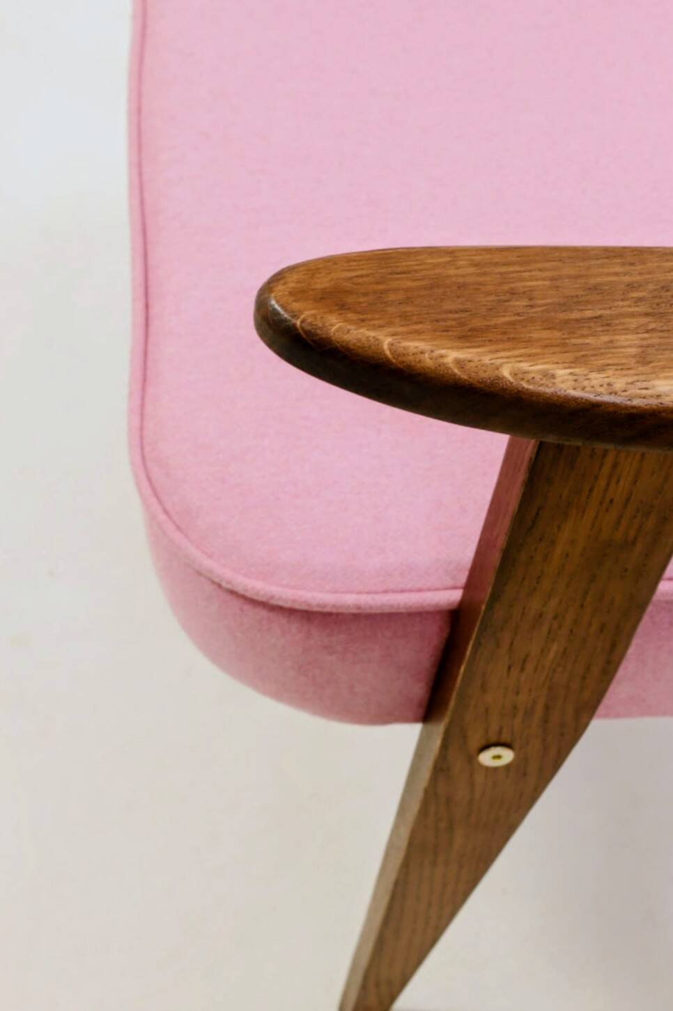 Pink Armchair Vintage Pastel wool fabric, Oak wood