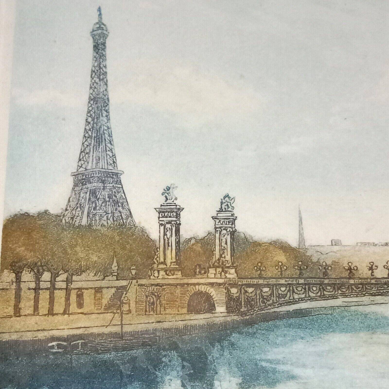 Frame: The Pont Alexandre III, Paris, the Eiffel Tower. Etching signed Hubert