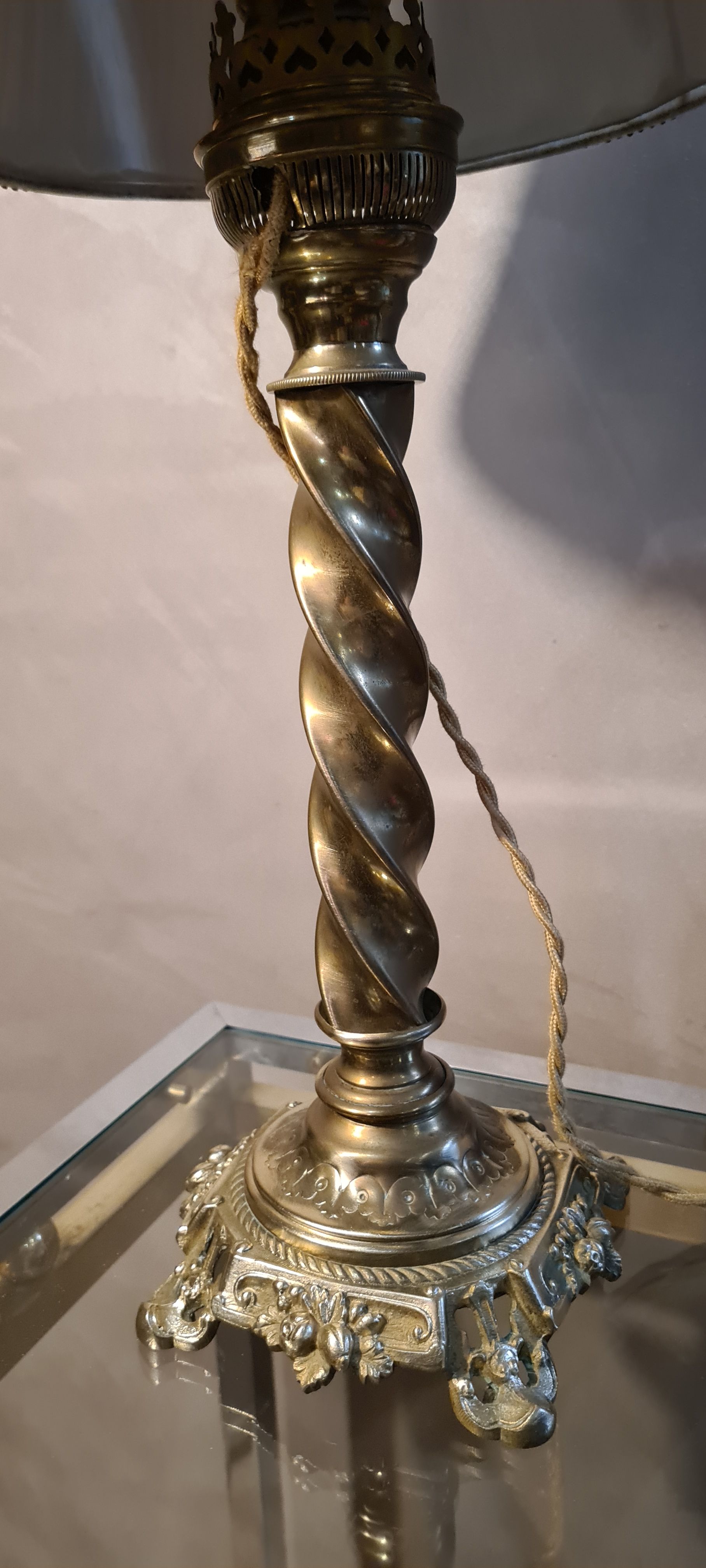 Antique petrol bronze lamp electrifiee 1920 lampshade pleated 52x26