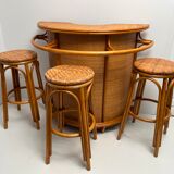 Rattan and bamboo bar and 3 stools from the 60s