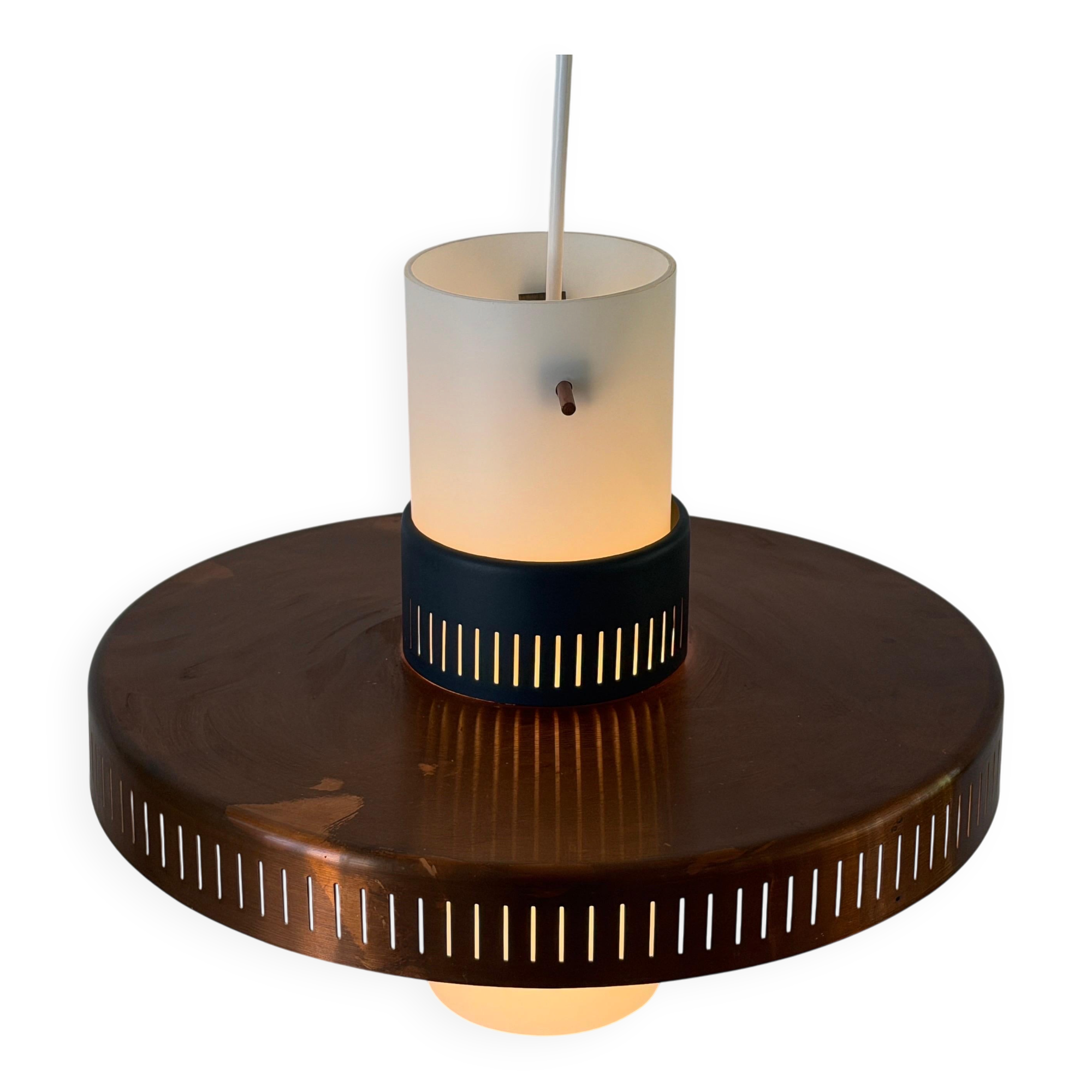 Glass ceiling light with a copper-coloured metal frame, 1960s, Germany.