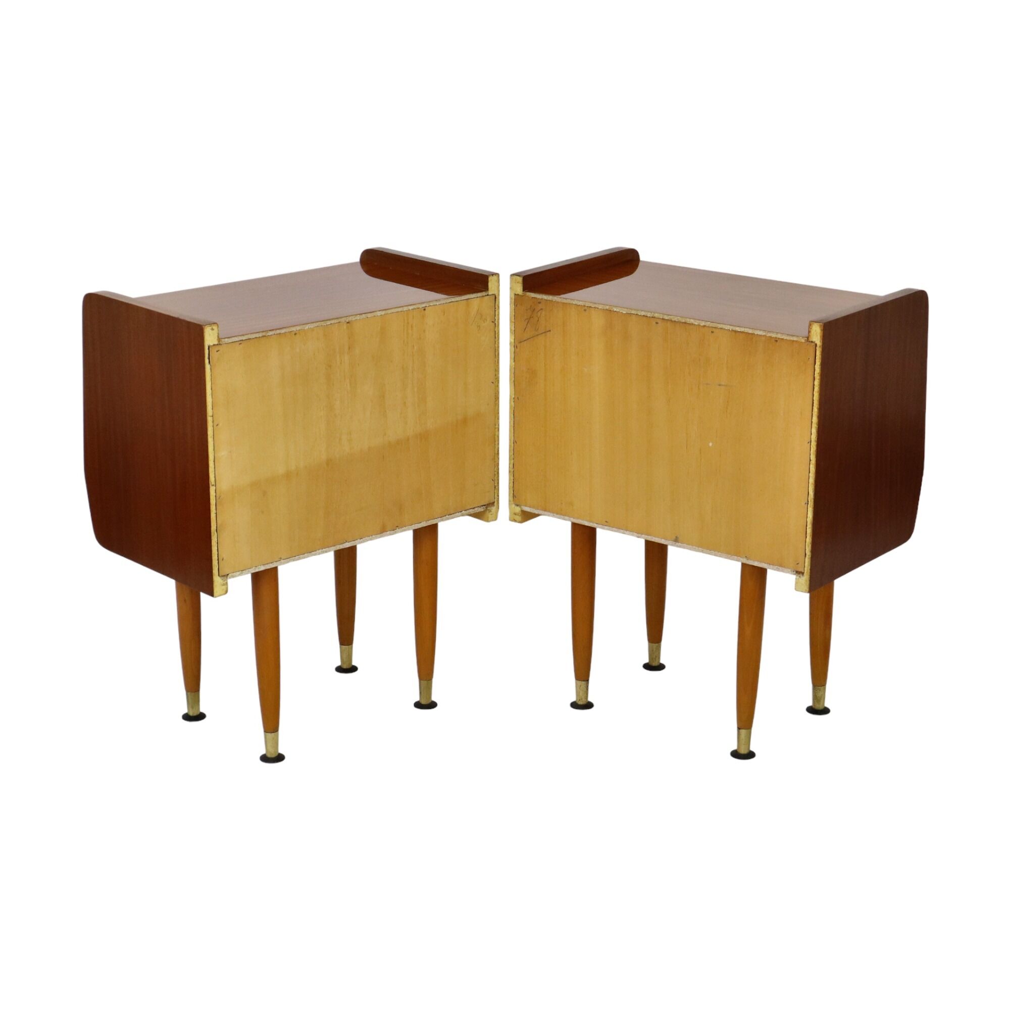 Pair of vintage wooden bedside tables brass handles 60s design