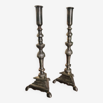 Pair of silvered bronze candlesticks, old 23rd century candle sticks