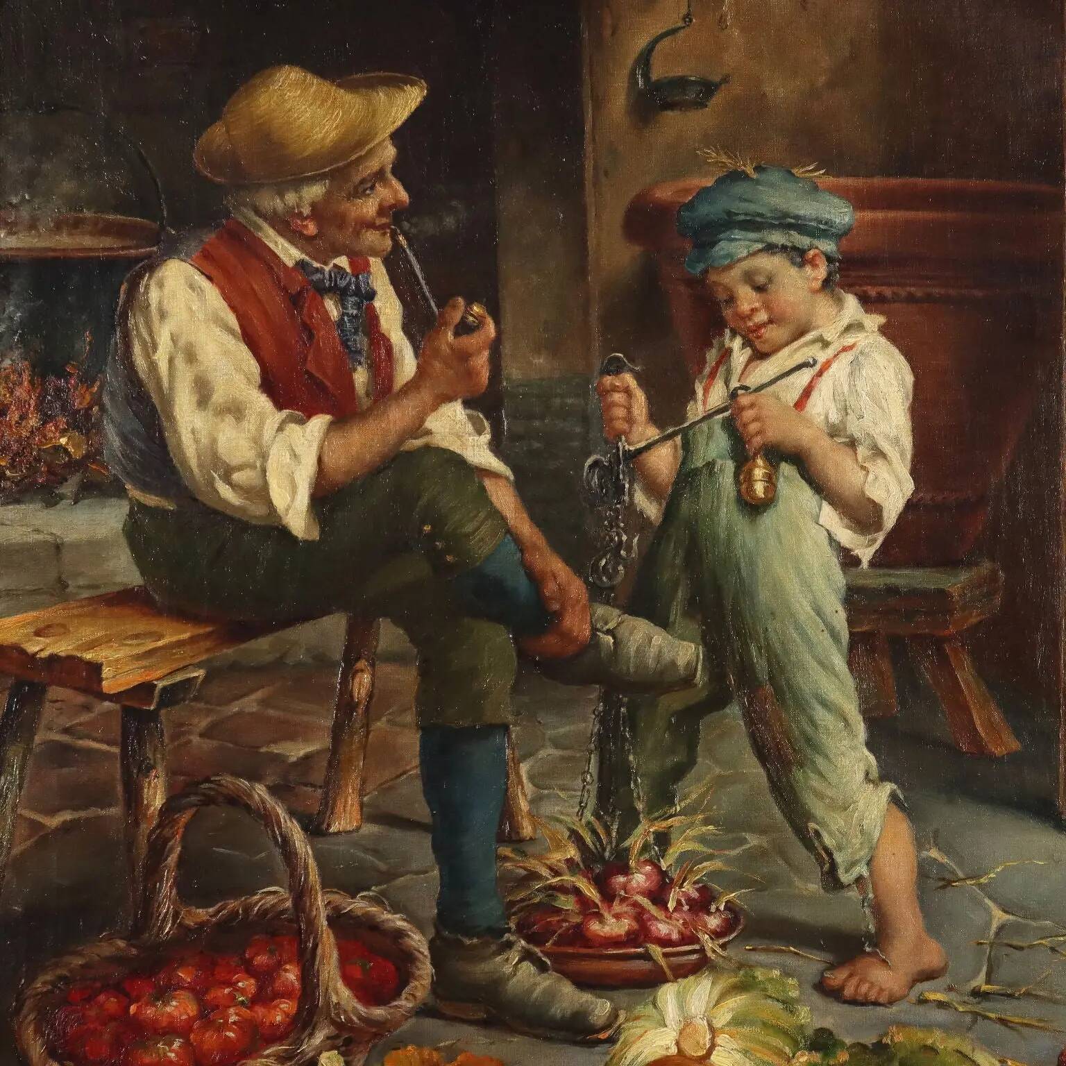 Old painting signed A. Dumini "Preparing for the Market" 19th century