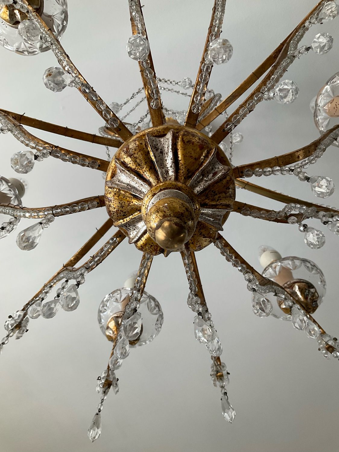 Old Venetian chandelier with Bohemian crystal tassels and gilded wood