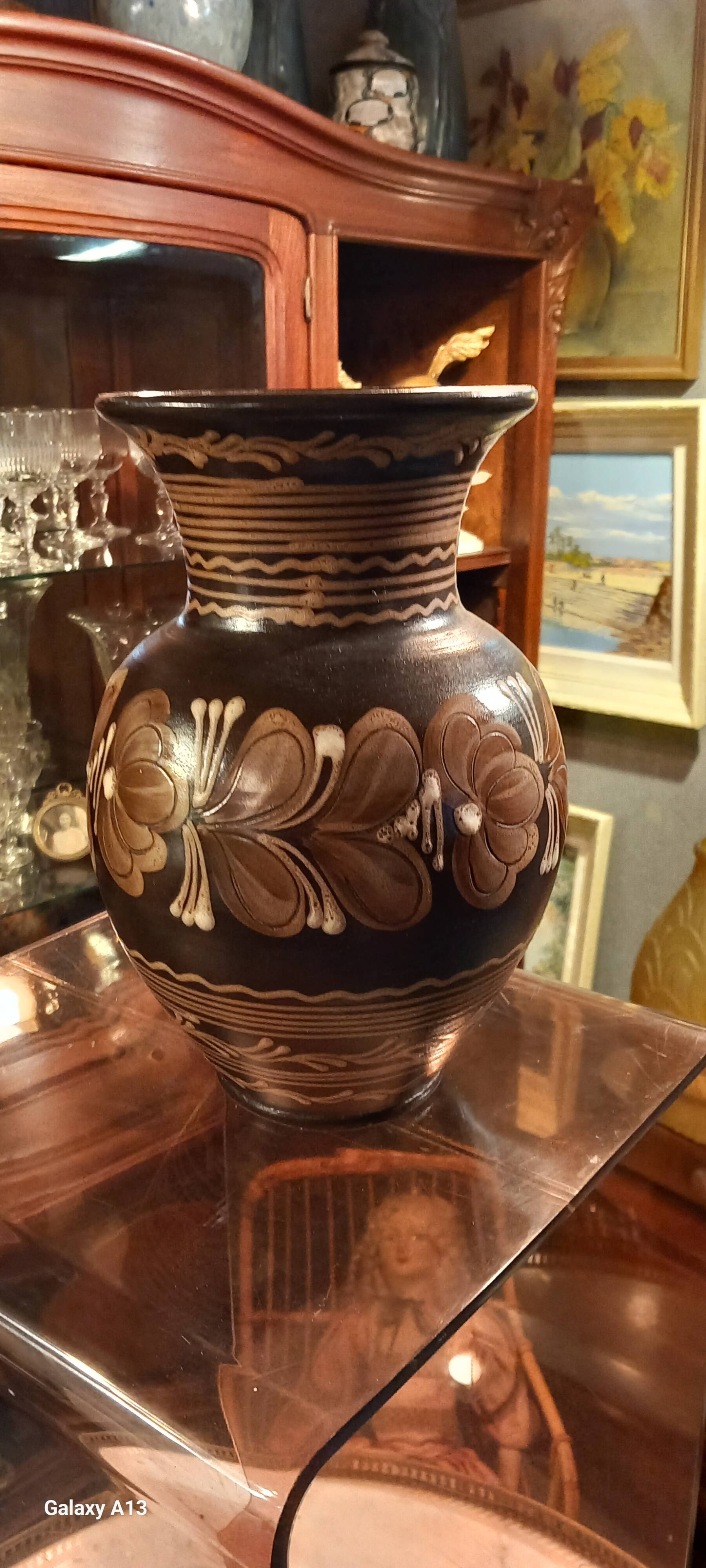 Hungarian pottery vase floral decor brown tone signed mhv
