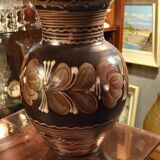 Hungarian pottery vase floral decor brown tone signed mhv