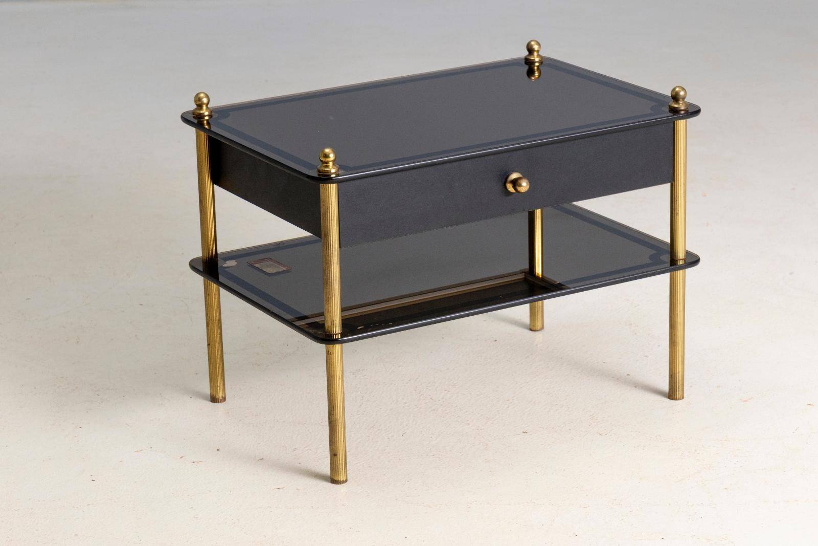 Glass and brass side table with drawer, 1970s, Europe
