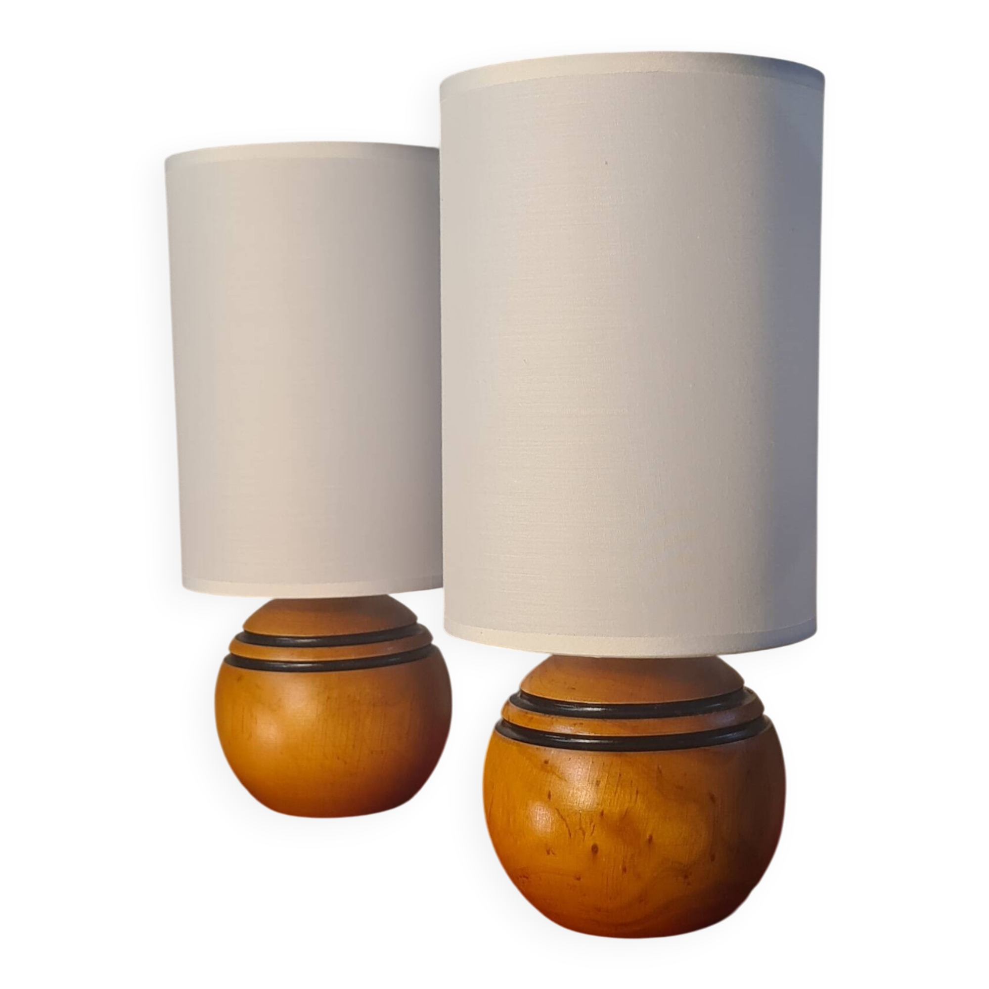 Pair of vintage wooden ball lamps, Scandinavian style bedside lamps, 32 x 14 cm, very good