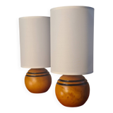 Pair of vintage wooden ball lamps, Scandinavian style bedside lamps, 32 x 14 cm, very good