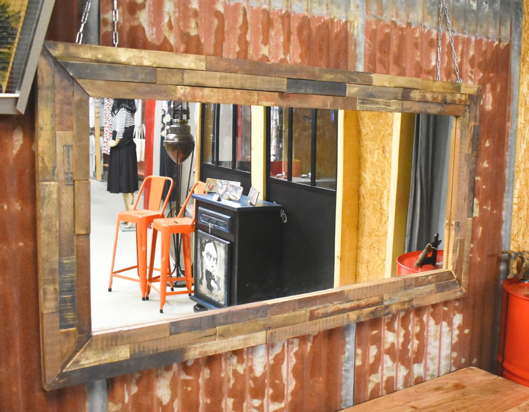 Industrial mirror made from recycled solid exotic wood