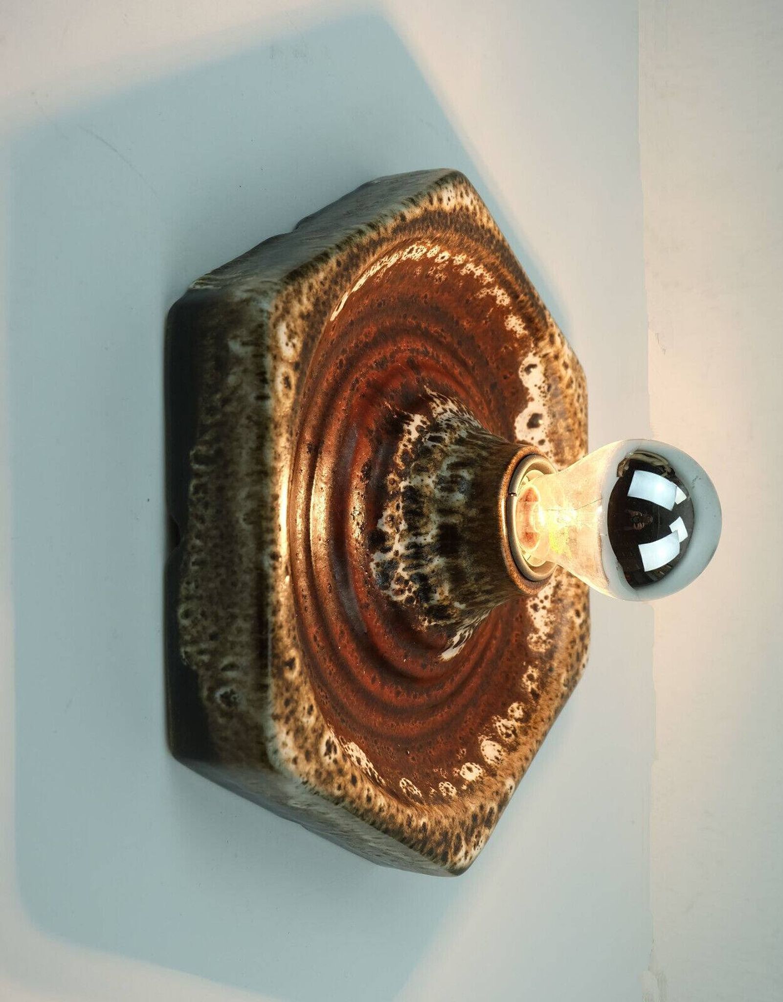 1 of 2 hexagonal mid century ceramic sconces wall lamps 1960s 1970s lava drip glaze beige brown