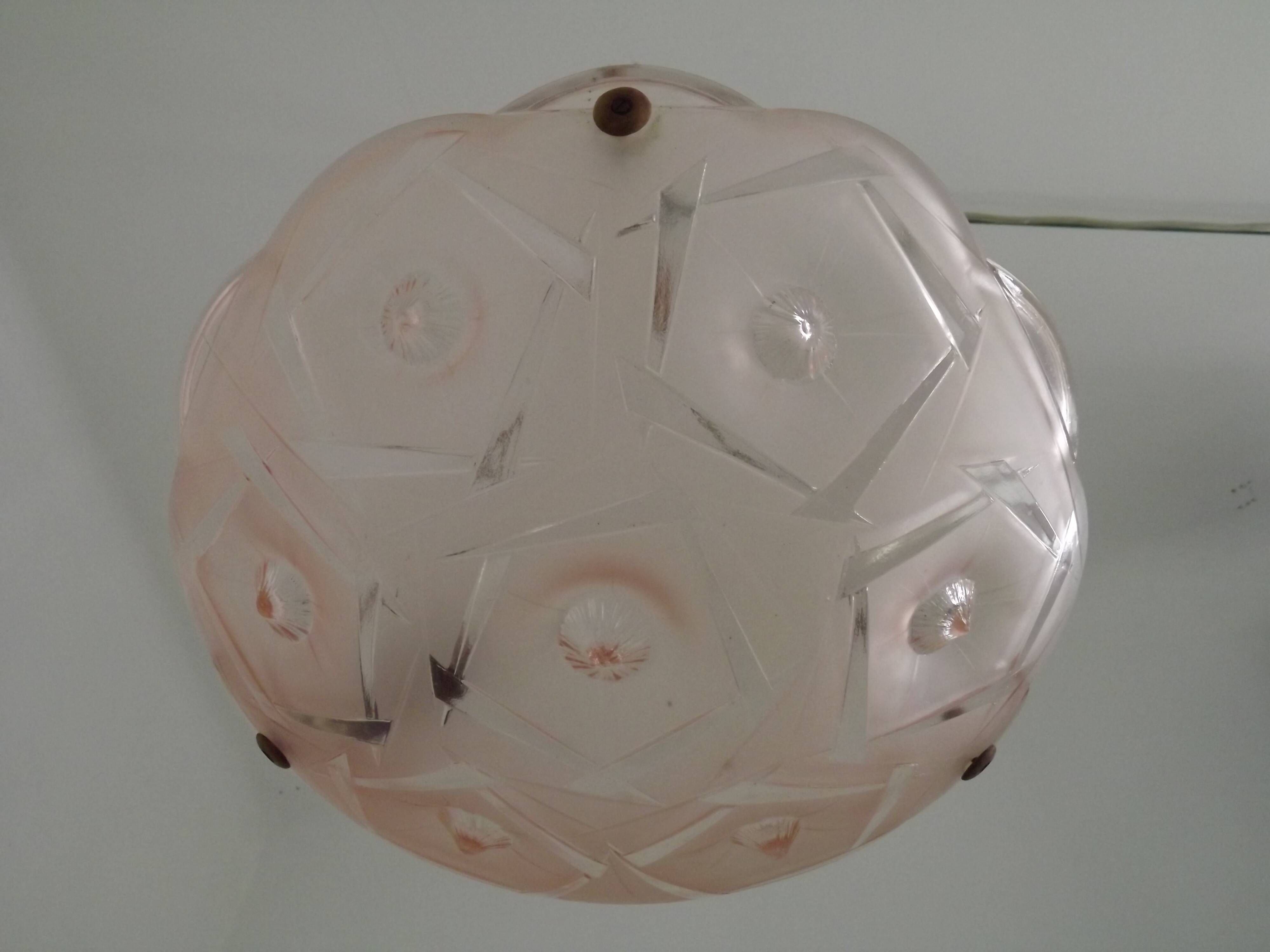 French Art Deco Stamped 1053 Pink Glass Plafonnier Hanging Light Pink Ropes