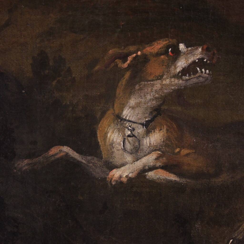 Peinture italienne antique d'une scène de chasse au cerf du XVIIIe siècle