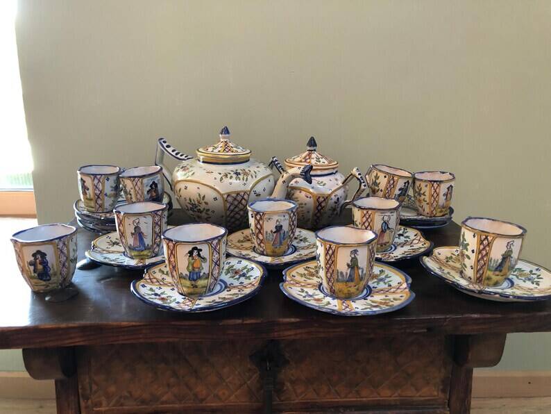 Antique Henriot Quimper Faience Coffee Set, Breton Folk Art, 1893-1904