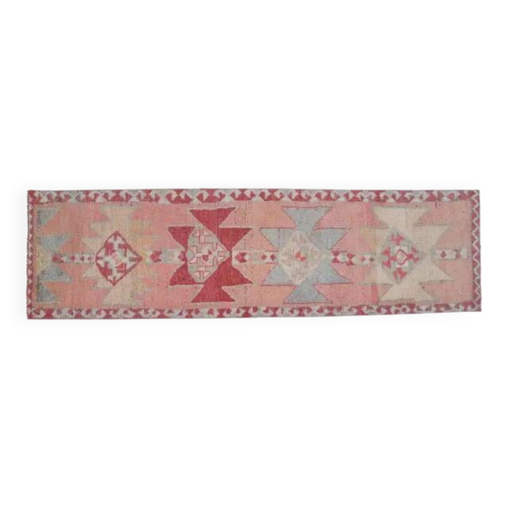 1970s Vintage Turkish Handmade Wool & Cotton Pink Runner Rug 100X349