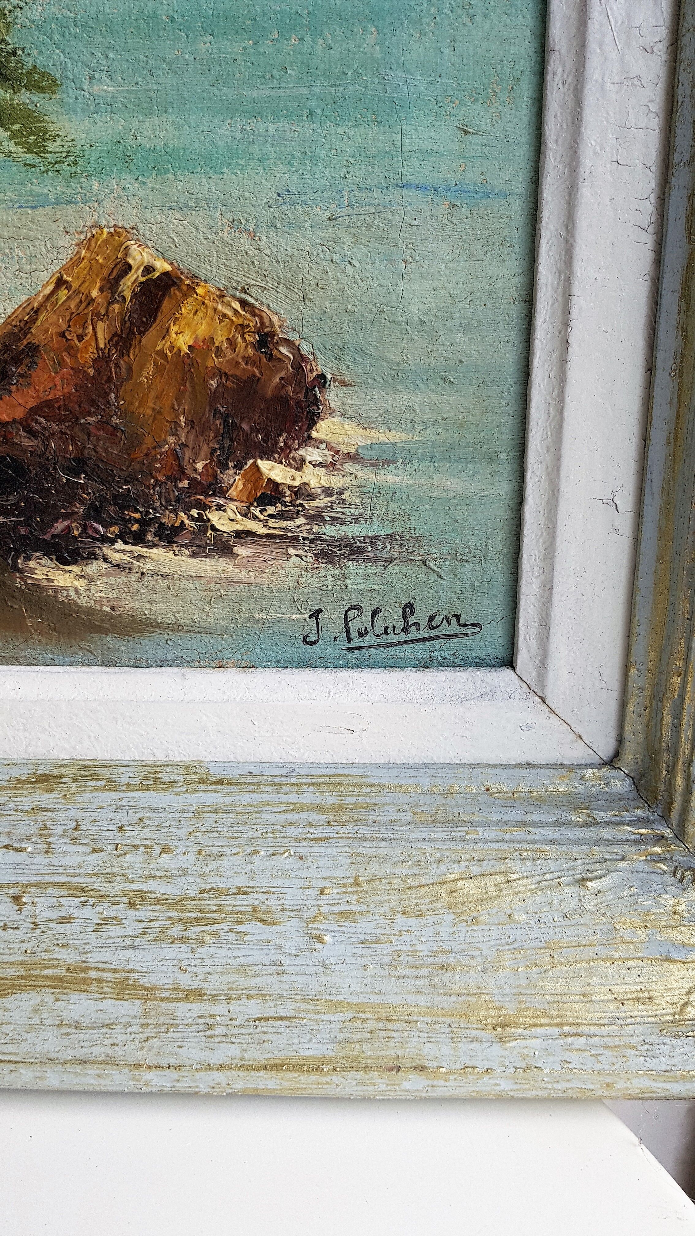 Table oil on canvas framed landscape sea