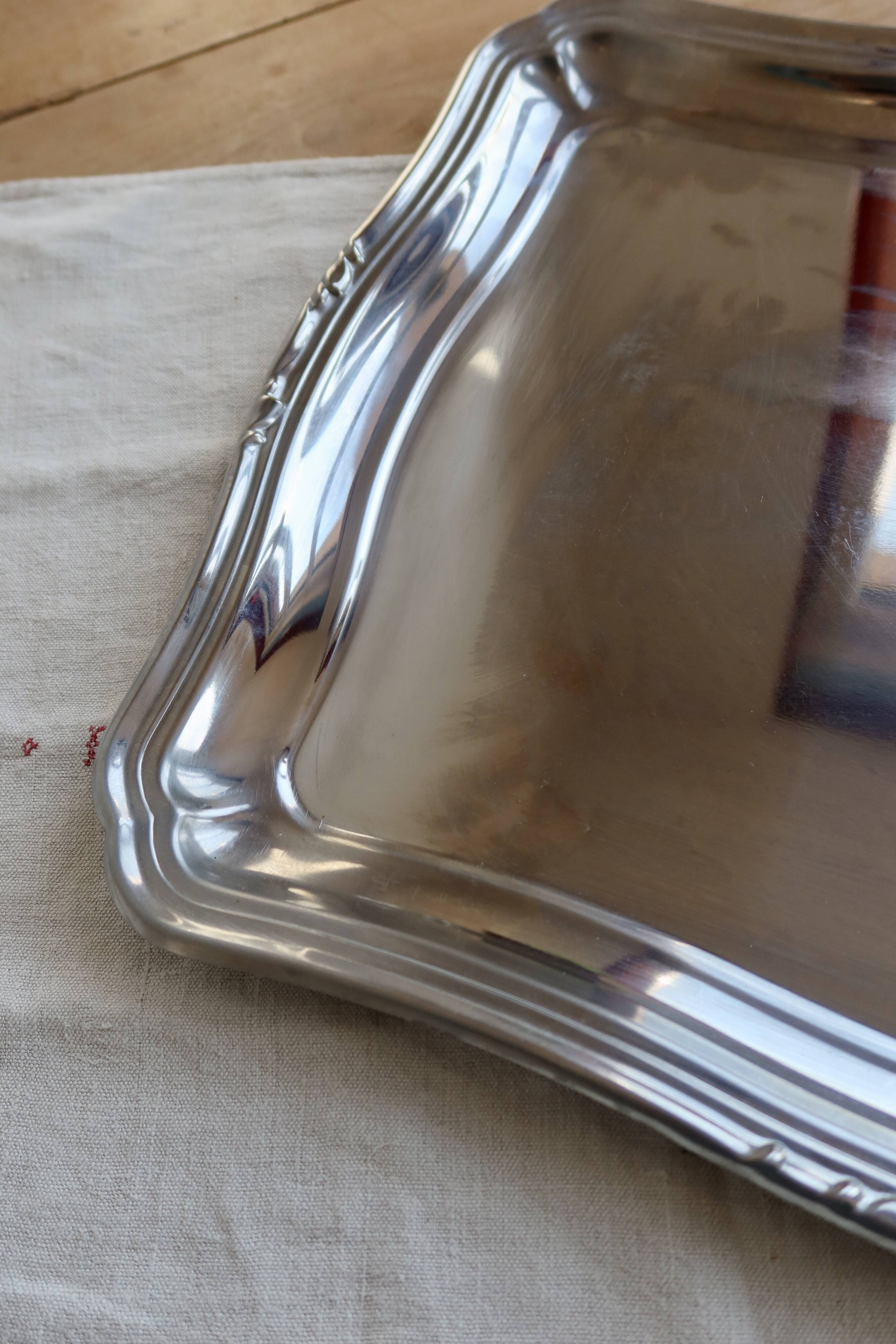 Grand plateau de service vintage en métal argenté