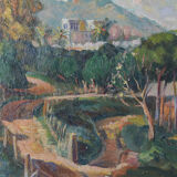 Impressionist Signed Mediterranean Landscape with a View of a River and Mountains