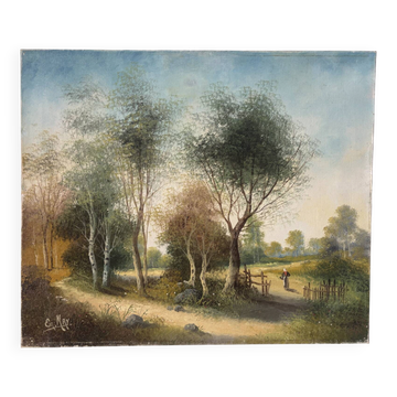 Chemin sous les grands arbres, huile sur toile signé