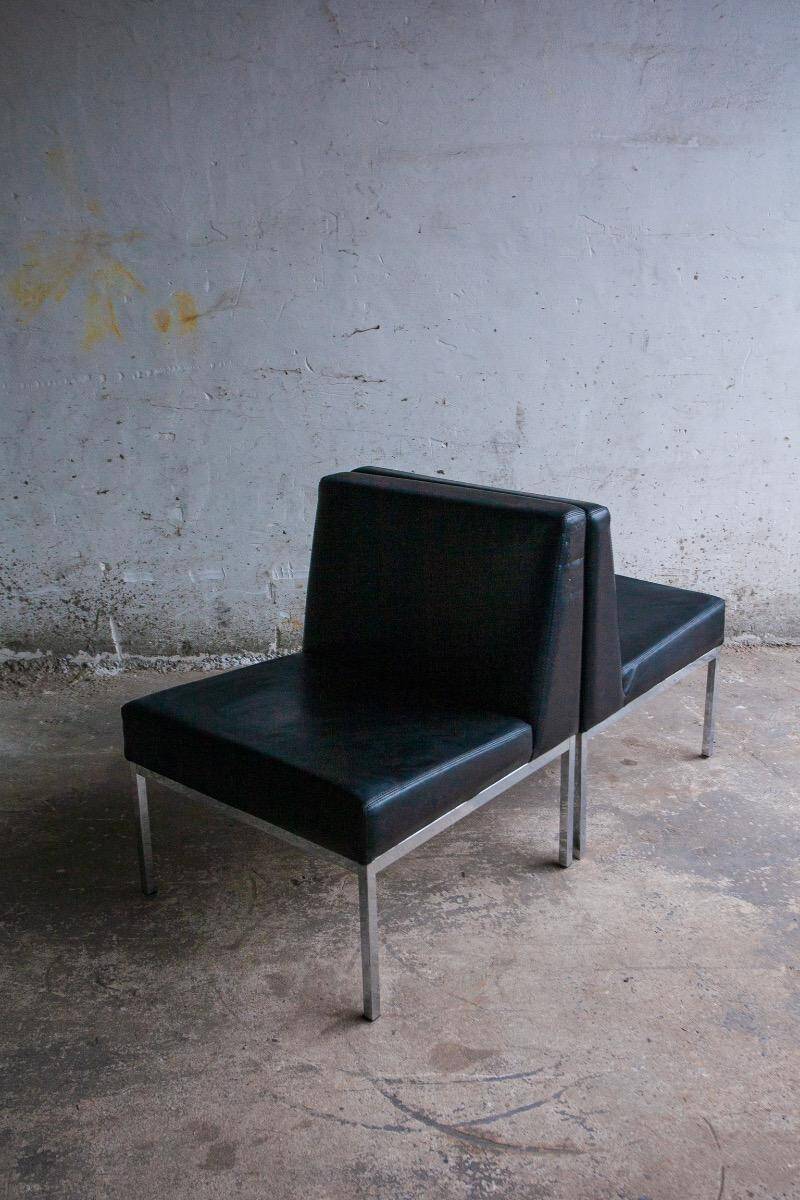 Set of 2 Black Leather Minimalist Lounge Chairs with Brushed Metal Frame