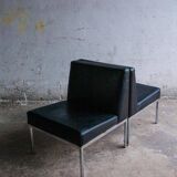 Set of 2 Black Leather Minimalist Lounge Chairs with Brushed Metal Frame