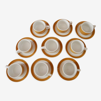 Lot de 9 tasses à café Sarreguemines avec soucoupes bicolores