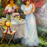 Painting - oil on canvas: tea in the garden